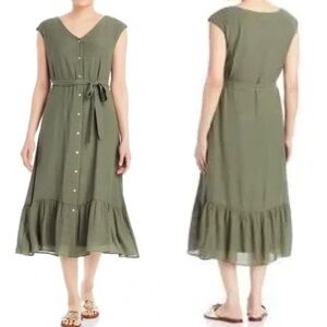 Nanette Lepore Ruffled Flounced Hem Button Down Sleeveless Olive Midi Dress 8